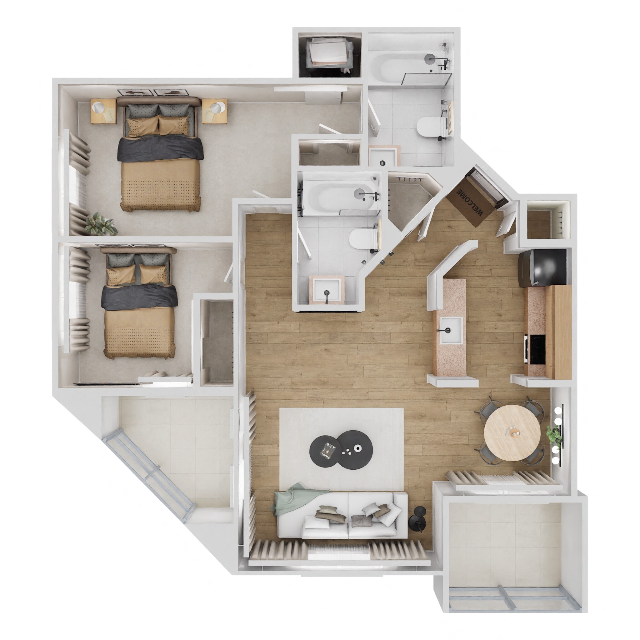 Floor plan for 2 beds, 2 baths, 931 sqft